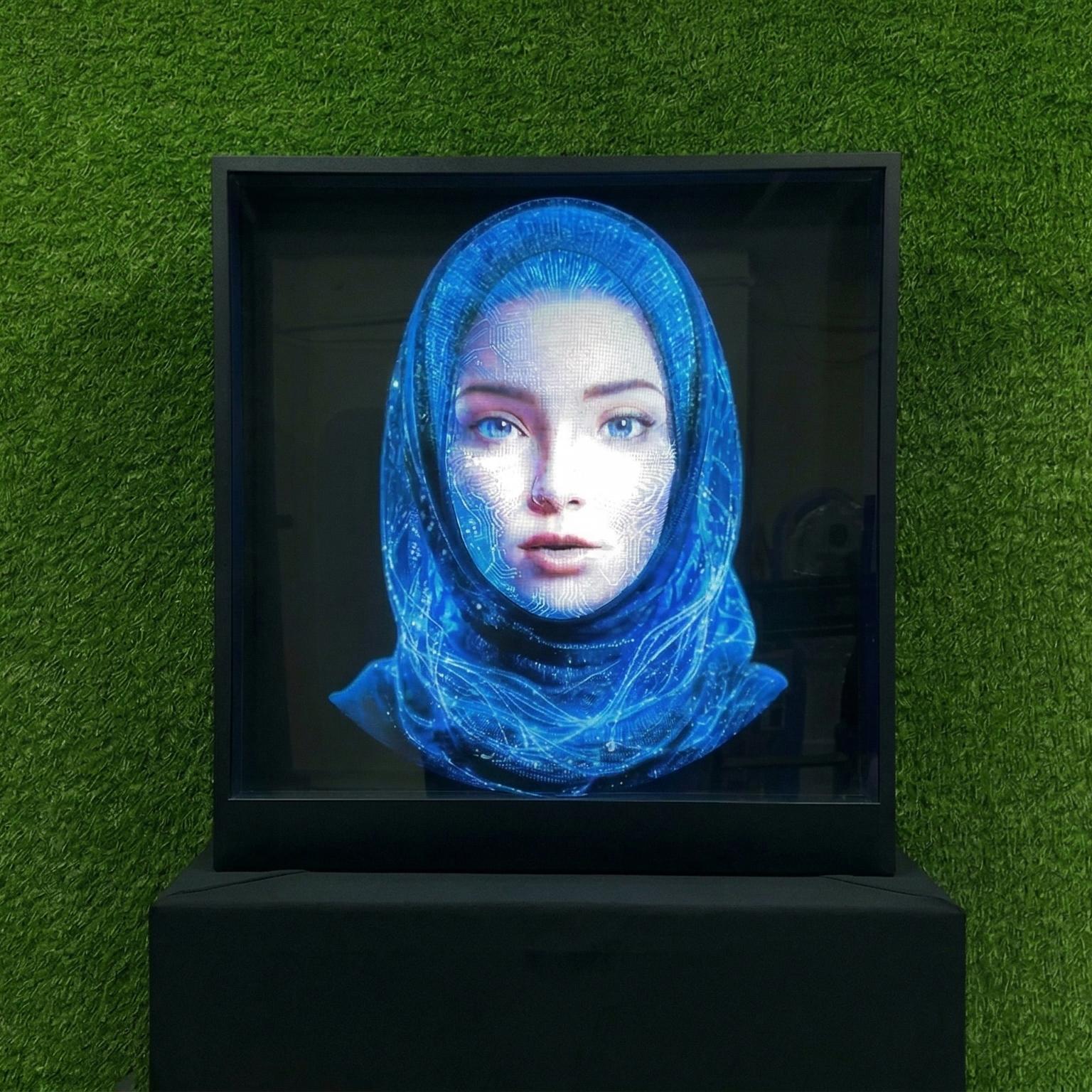 AI kiosk at an event features a digital display of a ai hologram woman in a blue hijab
